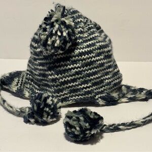 Quest Women’s Trapper Ear Hat Pompom Knit White Blue Green Stripes Winter Cap